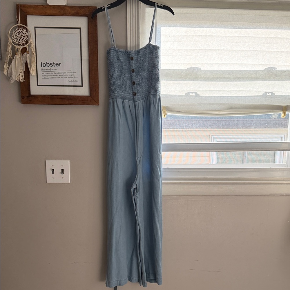 Love Tree Blue Sleeveless Jumpsuit with Button Detail